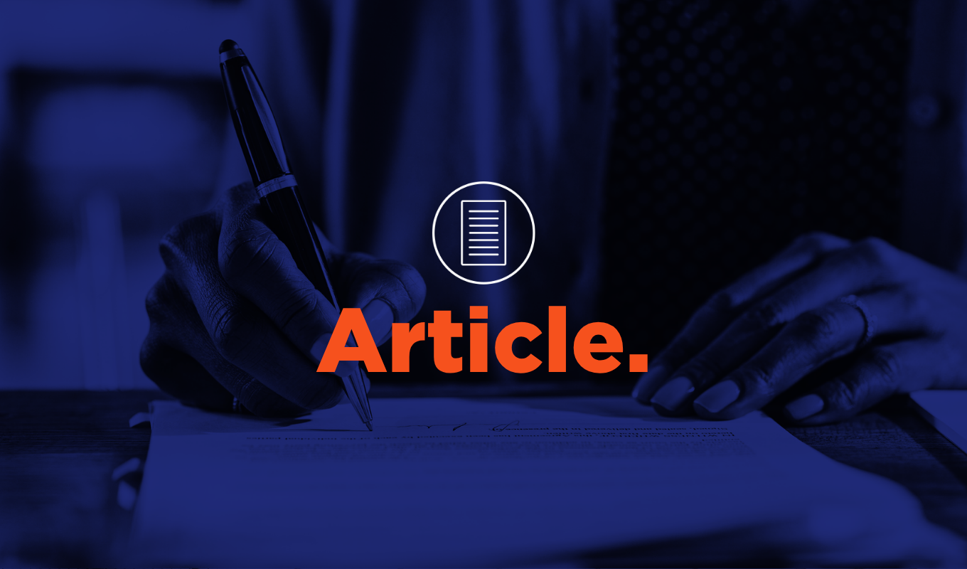Person signing enrollment paperwork with pen, featuring article icon and orange "Article." text.