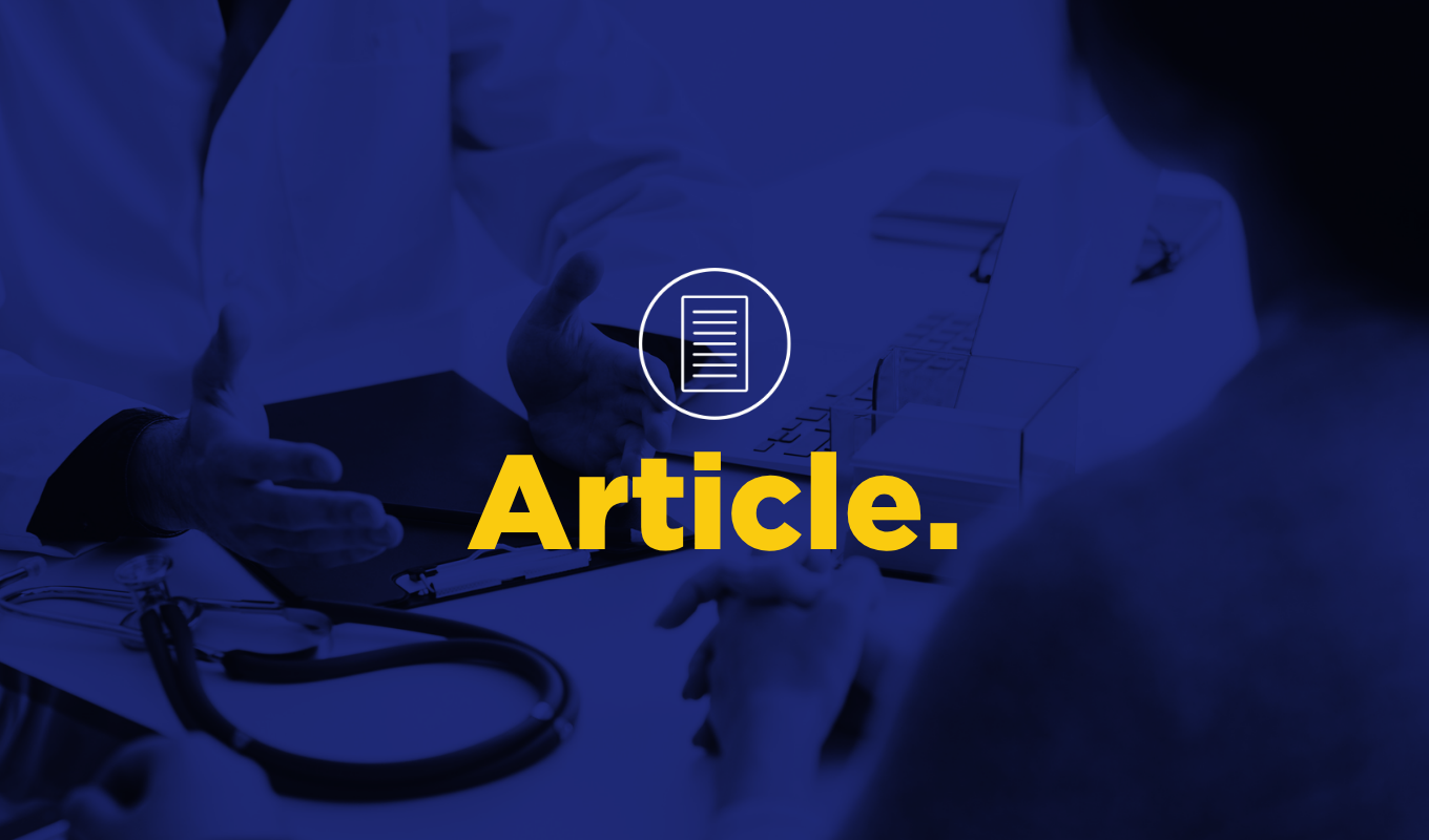 Blue-tinted healthcare consultation scene with a document icon and bold yellow text reading “Article.”