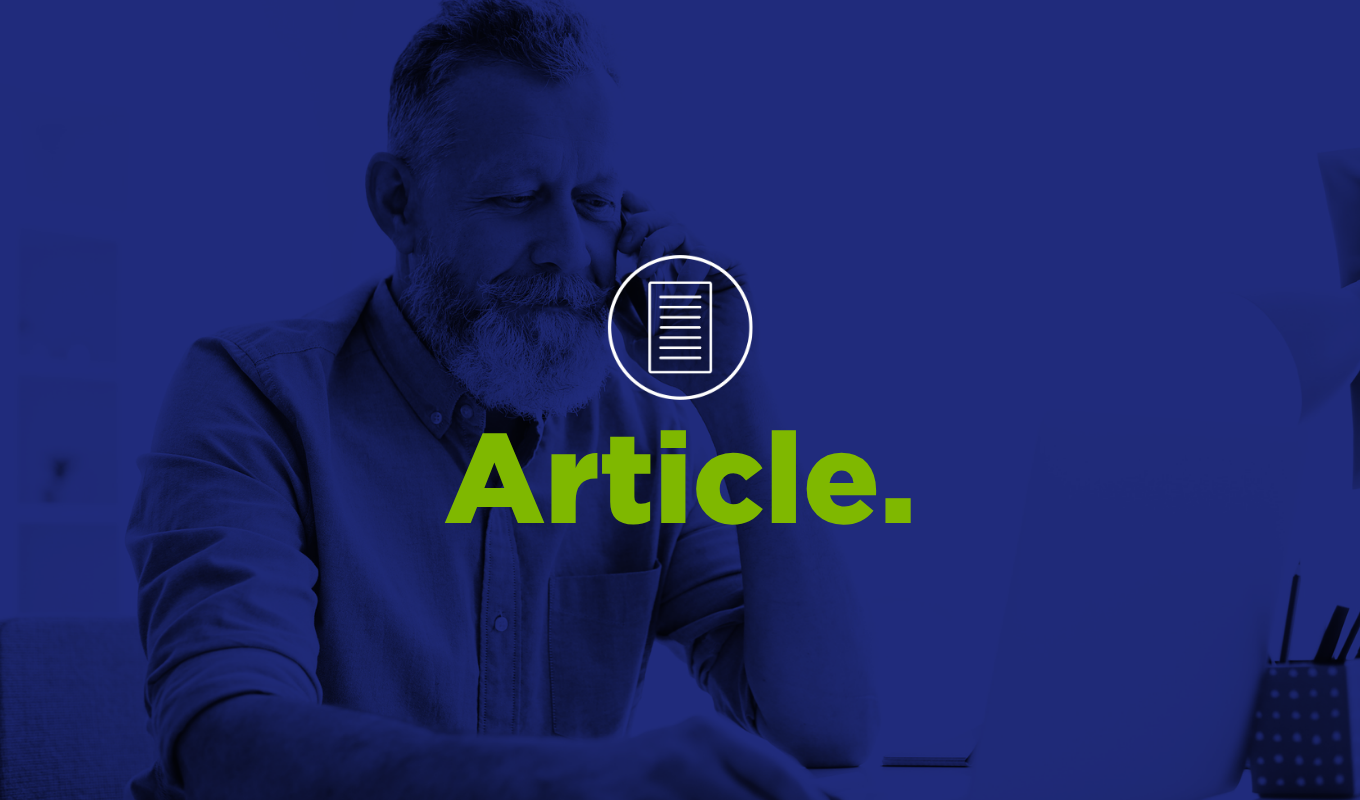 Blue-toned image of an individual reviewing paperwork while talking on the phone, with a document icon and the word “Article.”