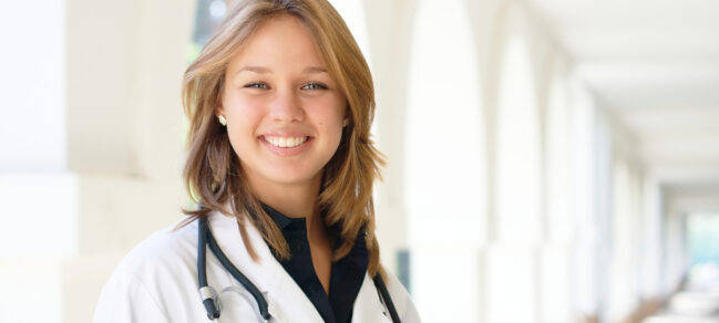 Close-up of a female doctor smiling