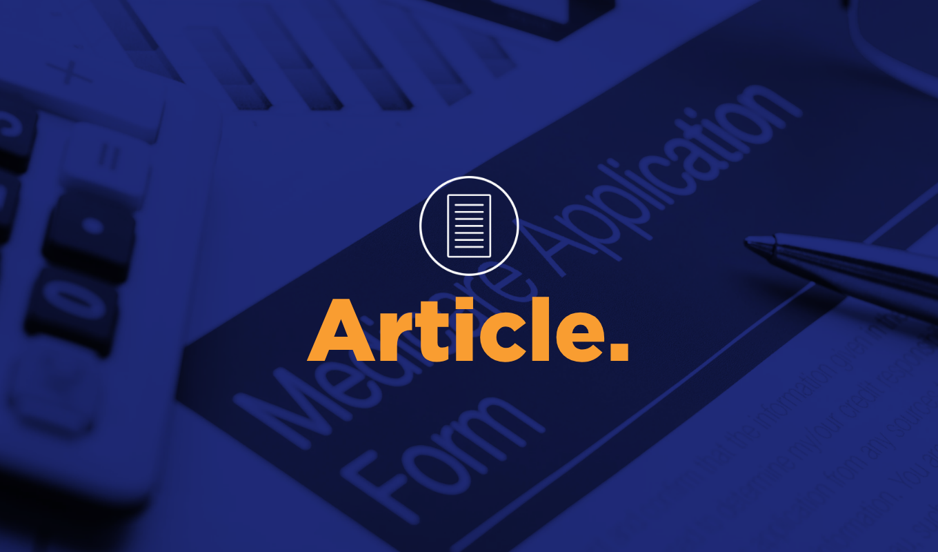 Medicare application form with financial documents and pen, featuring article icon and orange "Article." text.