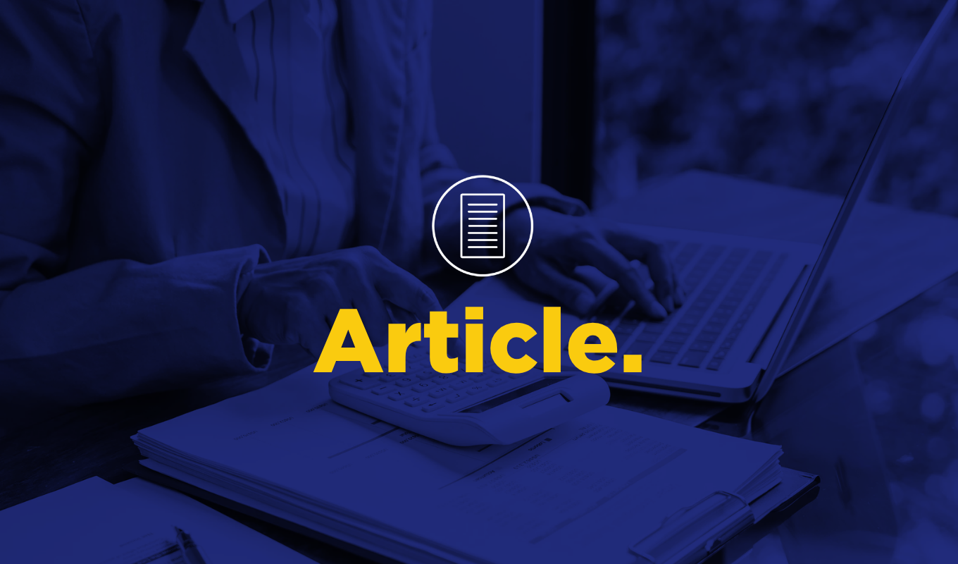Close‑up of a person’s hands using a calculator and laptop over a stack of printed documents on a desk, suggesting financial review or budgeting work, with an overlaid document icon and the word “Article.”