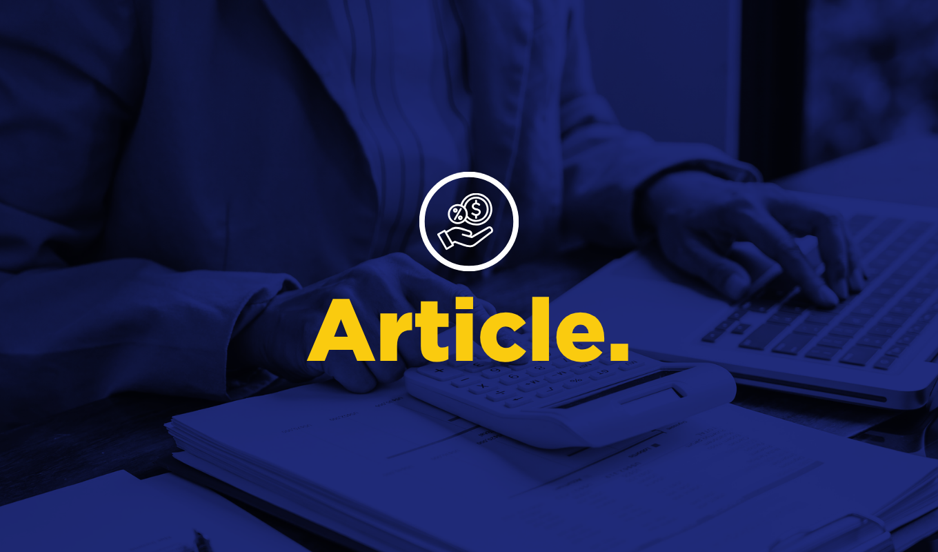Blue article thumbnail showing a person using a calculator and laptop with a money icon and yellow “Article” text.