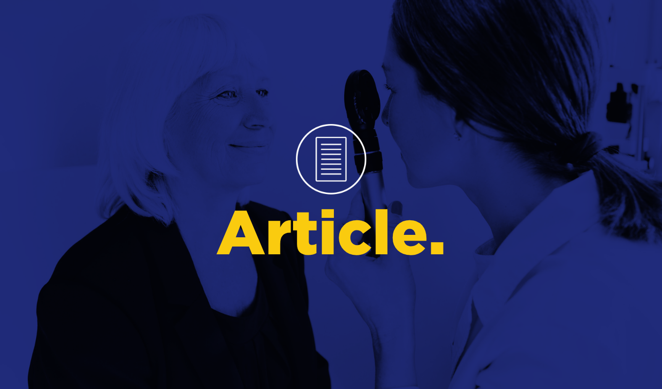Healthcare professional conducting an eye examination, with article icon and yellow "Article." text.