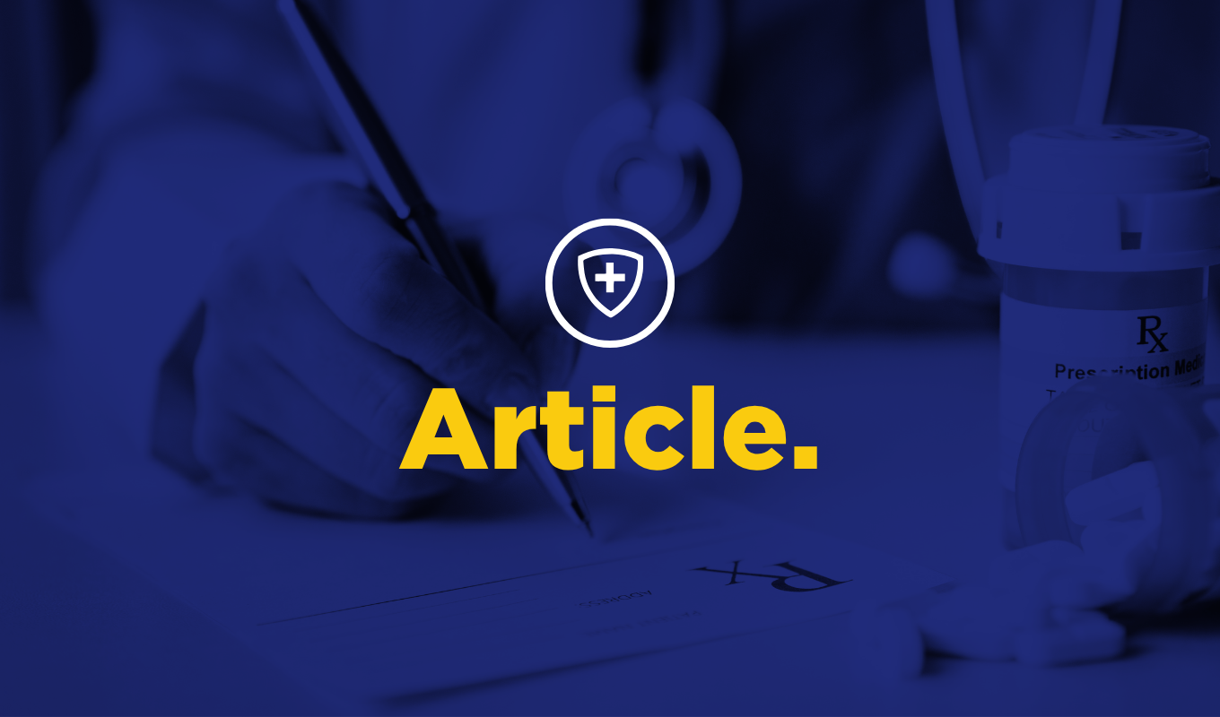 Hand holding a pen over paperwork next to a prescription pill bottle with the word “Article” overlaid.