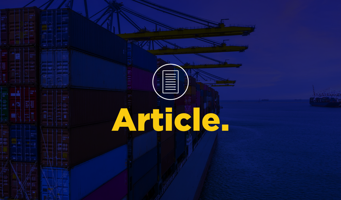 Container ship loaded with shipping containers at a busy international port, overlaid with an article icon.
