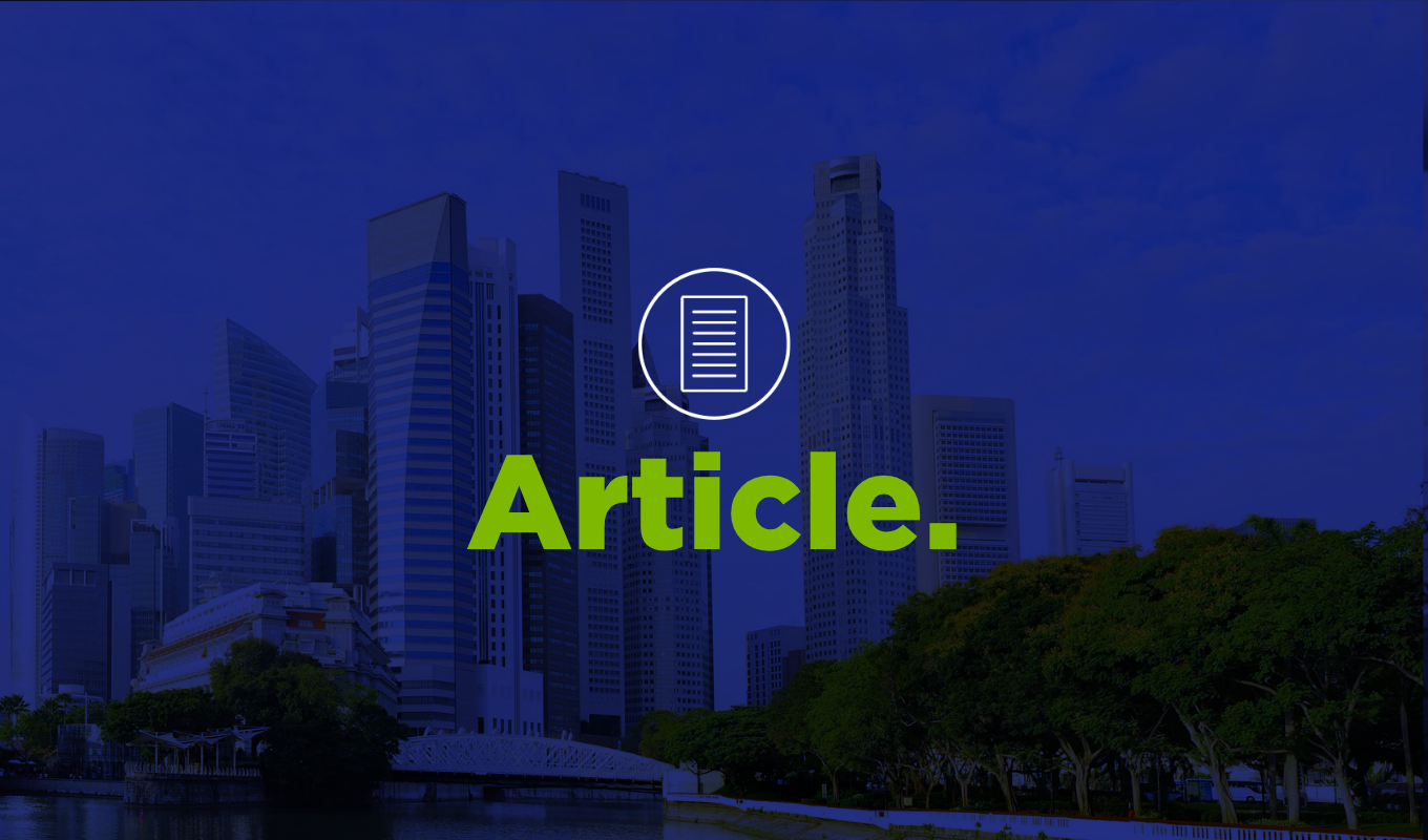 Modern city skyline beside a waterfront park with article icon and editorial headline overlay.
