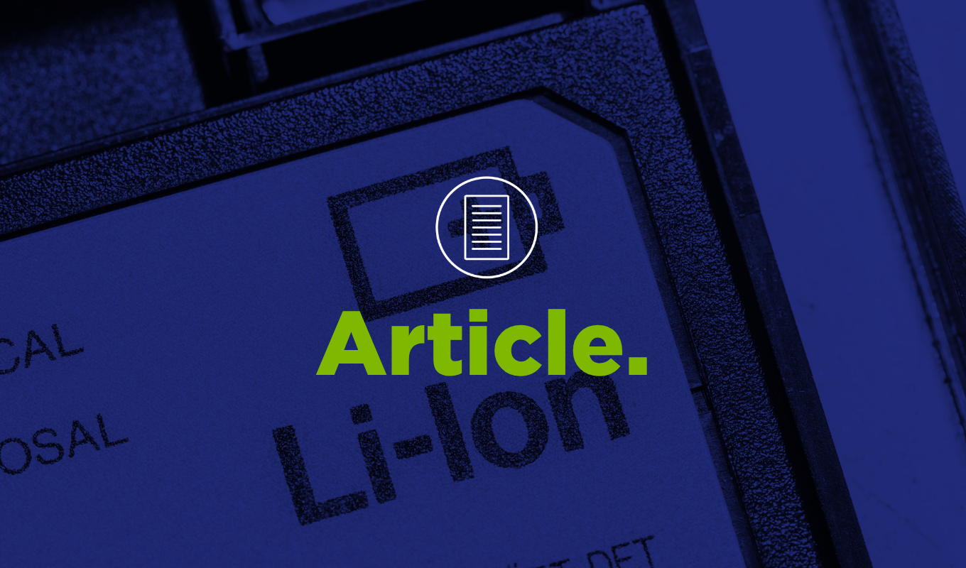 Article thumbnail showing a close-up of a lithium-ion battery label with a document icon and green text reading “Article.”