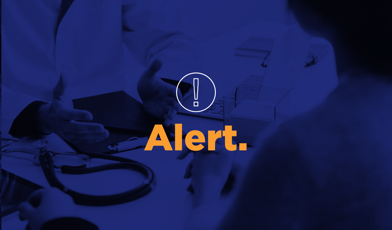 Alert graphic over a blue-tinted healthcare consultation scene with an exclamation icon and bold orange "Alert." text.