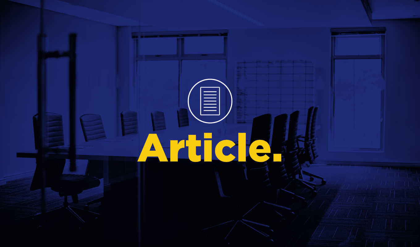 Conference room background with document icon and yellow “Article” title on a blue overlay.