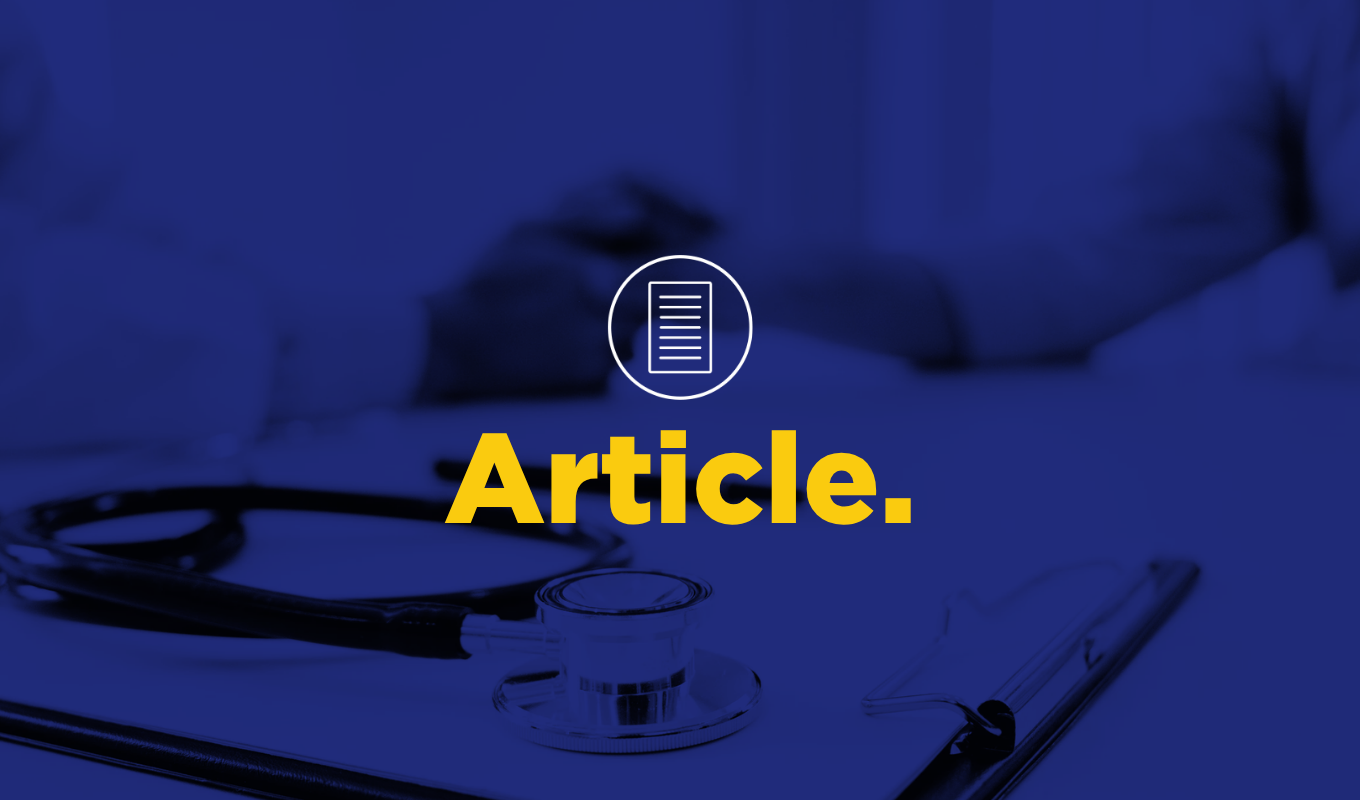 Healthcare article thumbnail featuring a stethoscope, clipboard, document icon, and bold yellow "Article." text.