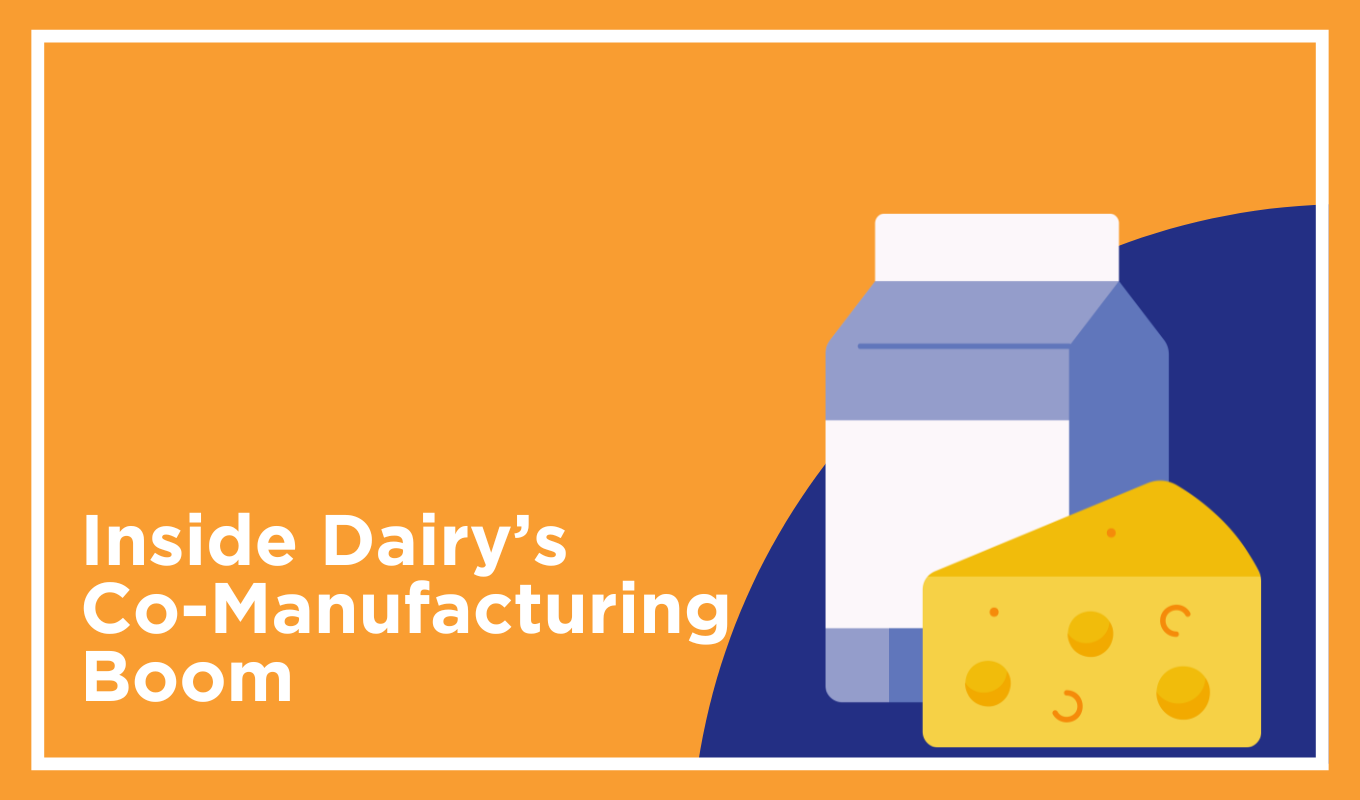 Thumbnail illustration titled “Inside Dairy’s Co‑Manufacturing Boom,” featuring a milk carton and a wedge of cheese representing growth in dairy co‑manufacturing.