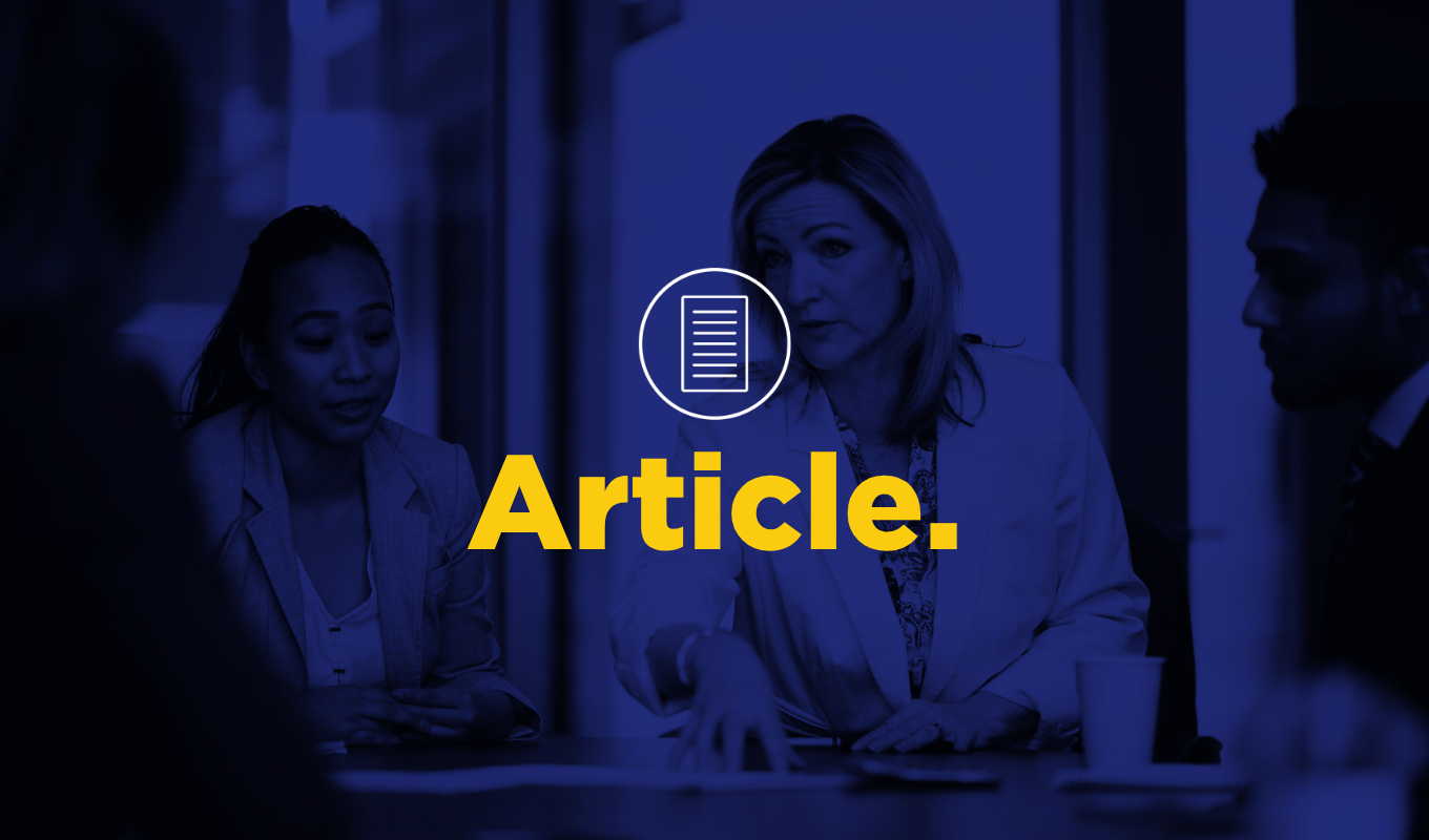 Blue article thumbnail showing a business meeting discussion with a document icon and yellow “Article” text.