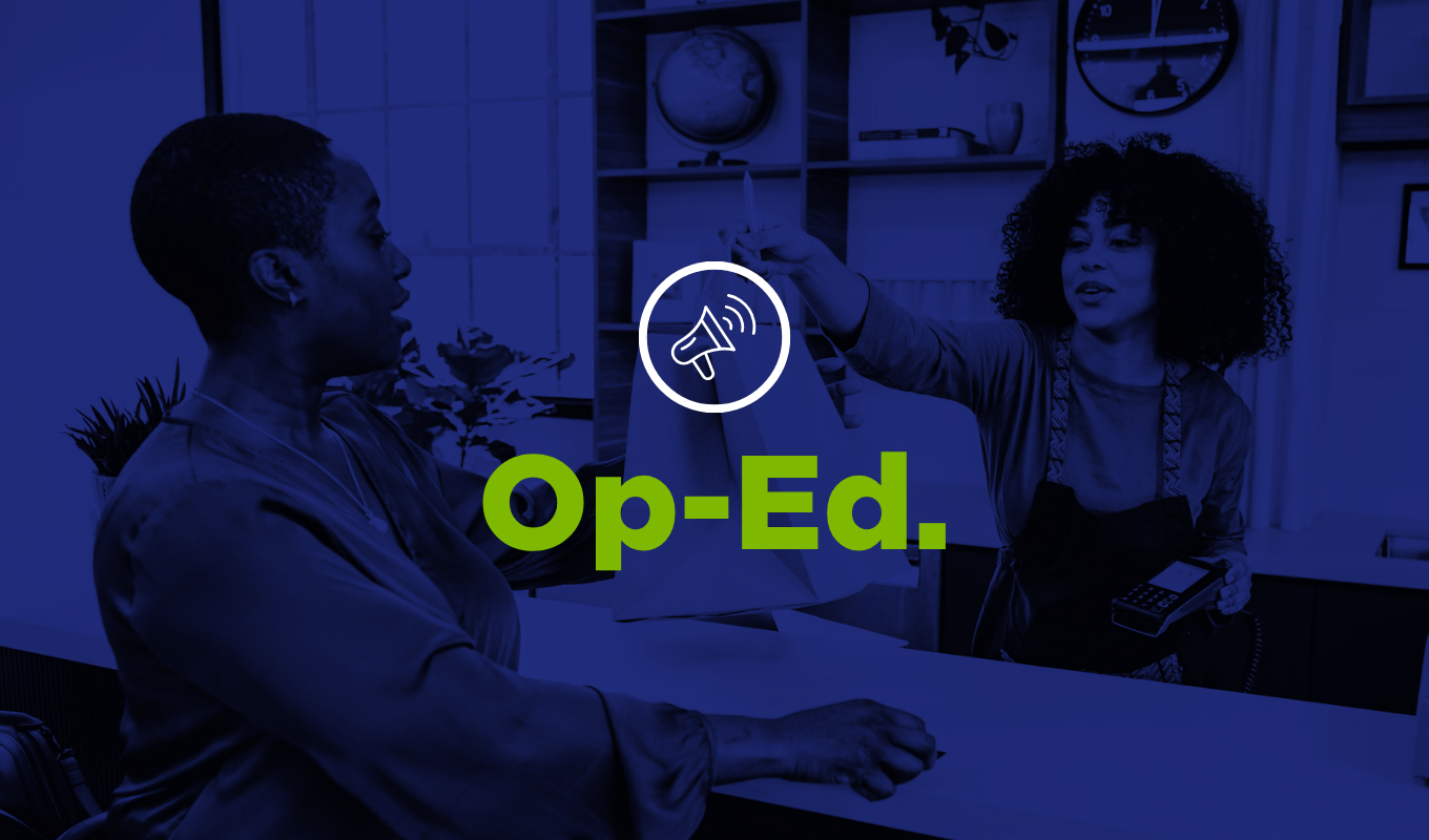 Blue op-ed thumbnail showing a customer interaction at a counter with a megaphone icon and green “Op-Ed” text.