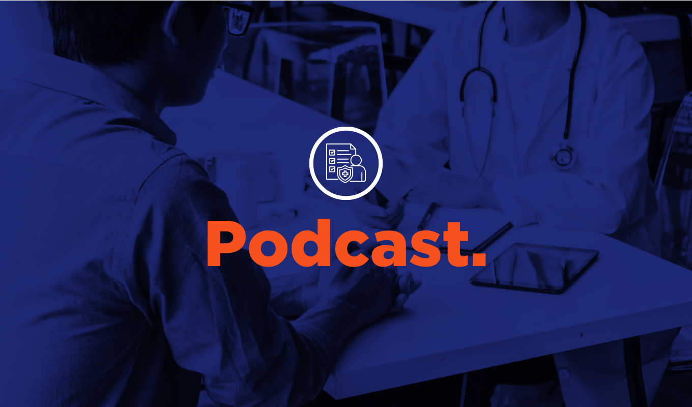 Blue healthcare podcast thumbnail showing a patient consultation scene with a doctor, stethoscope, checklist icon, and orange “Podcast” text.