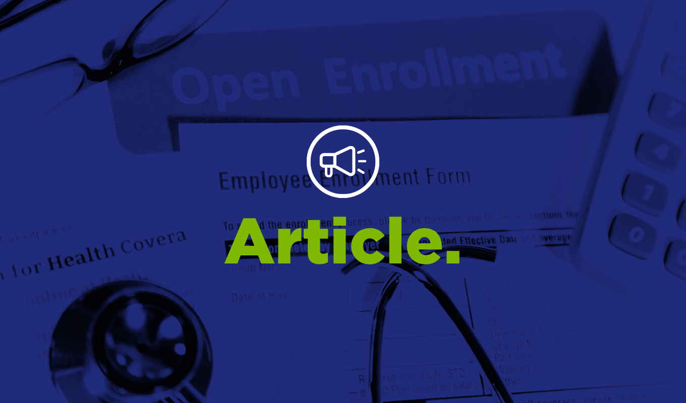 Blue health insurance enrollment thumbnail showing forms, glasses, a calculator, and green “Article” text.