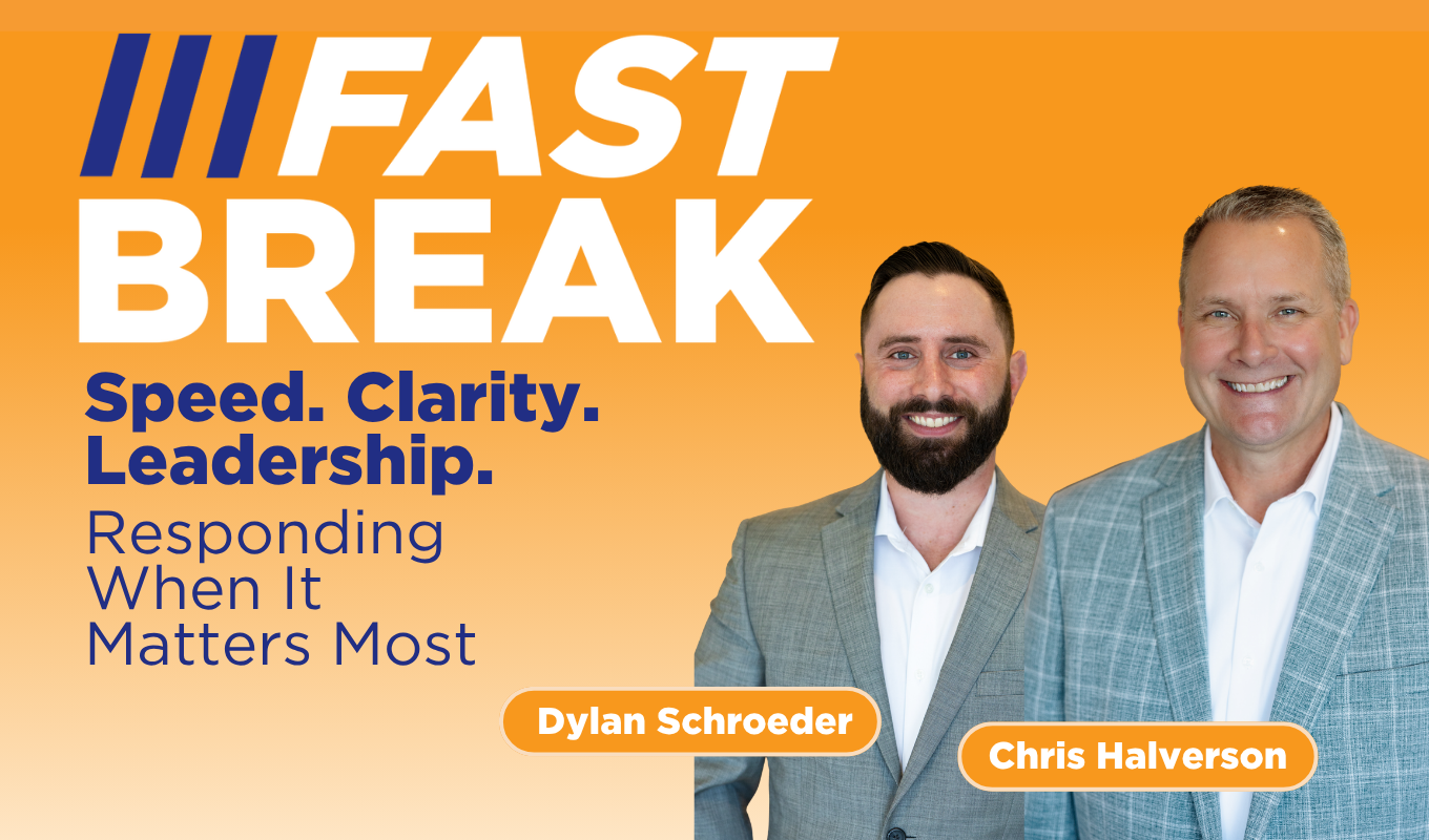 Orange podcast thumbnail with “FAST BREAK” title, leadership tagline, and two speakers labeled Dylan Schroeder and Chris Halverson.