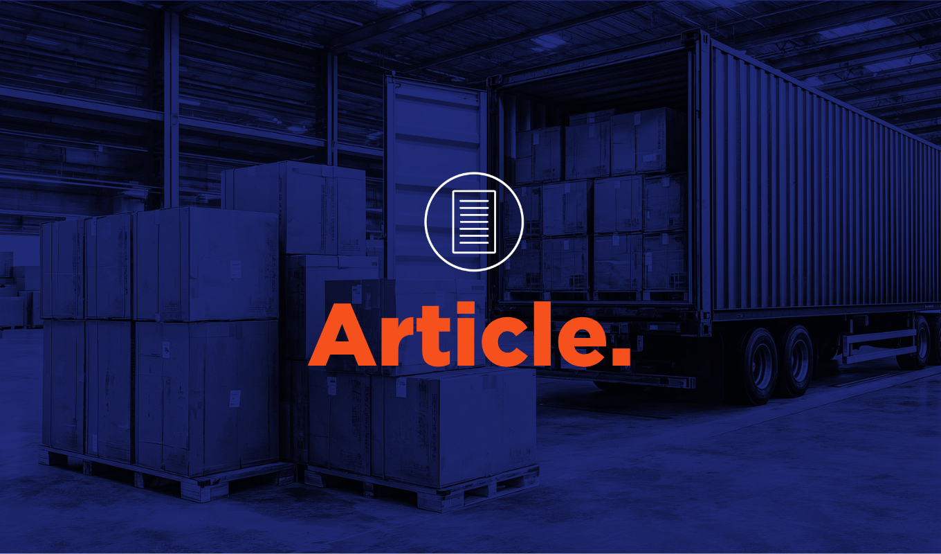 Warehouse loading dock with stacked pallets and a shipping container, featuring an article icon and the word “Article” in orange.