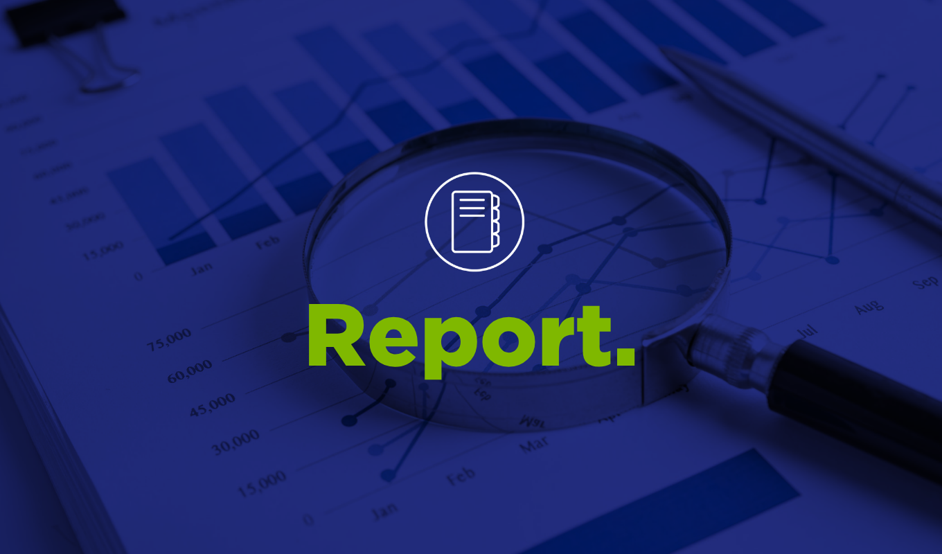 Blue‑toned analytics dashboard with charts and a magnifying glass, featuring a report icon and the word “Report” in green.