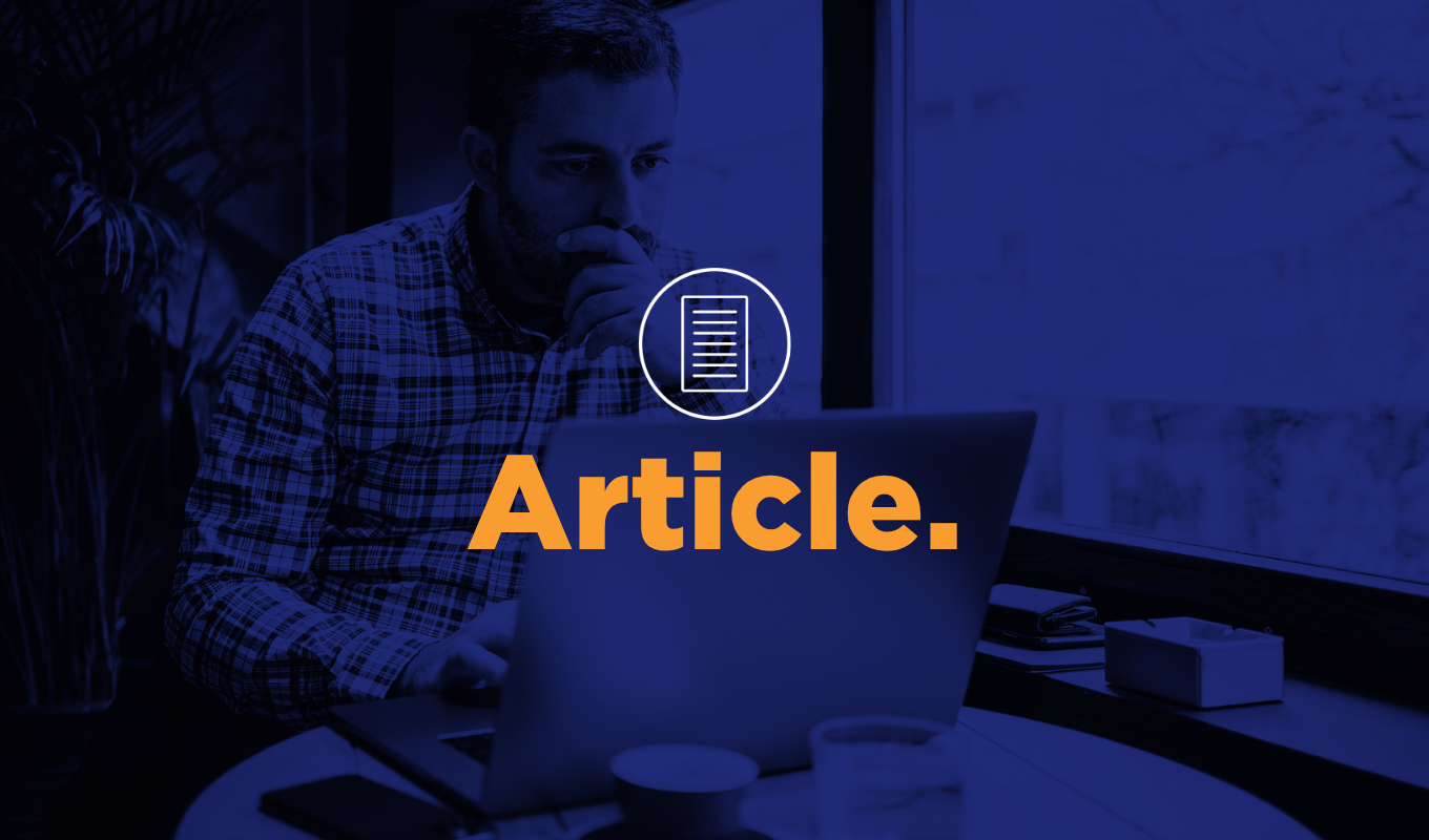 Person working on a laptop beside a window, tinted blue, with a document icon and large orange text reading “Article.”