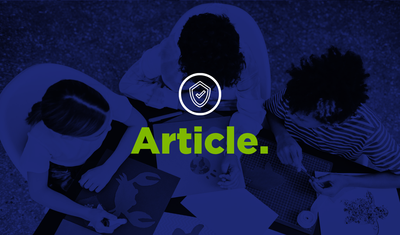 Overhead view of people collaborating around a table with a security shield icon, representing employer responsibility for protecting employee financial information related to Trump Accounts.